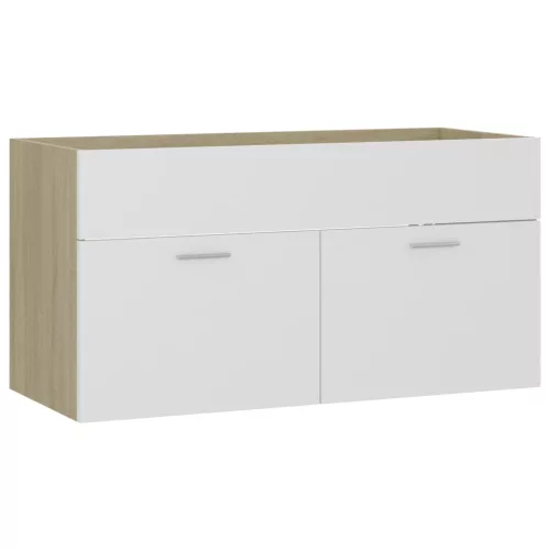 Fehér és sonoma tölgy szerelt fa mosdószekrény 90x38,5x46 cm