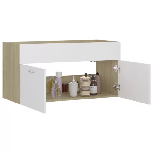 Fehér és sonoma tölgy szerelt fa mosdószekrény 90x38,5x46 cm