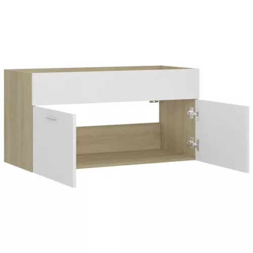 Fehér és sonoma tölgy szerelt fa mosdószekrény 90x38,5x46 cm