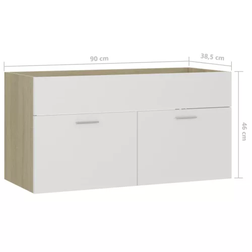 Fehér és sonoma tölgy szerelt fa mosdószekrény 90x38,5x46 cm
