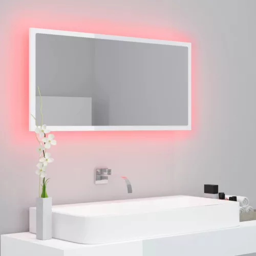 Magasfényű fehér akril LED-es fürdőszobatükör 90x8,5x37 cm