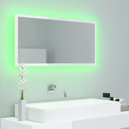 Magasfényű fehér akril LED-es fürdőszobatükör 90x8,5x37 cm
