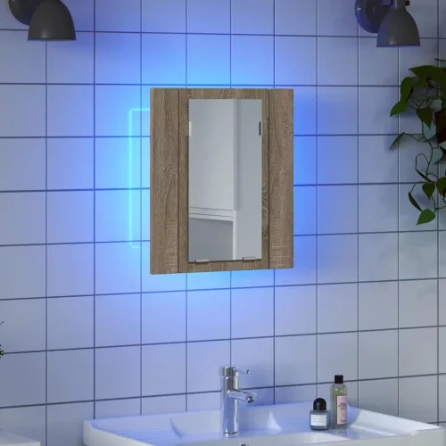 Tölgyszínű akril LED-es tükrös fürdőszobaszekrény 40x12x45 cm