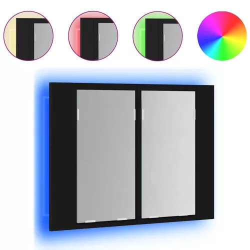 Fekete akril LED-es fürdőszobaszekrény tükörrel 60x12x45 cm