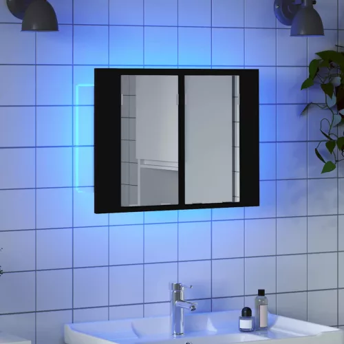 Fekete akril LED-es fürdőszobaszekrény tükörrel 60x12x45 cm