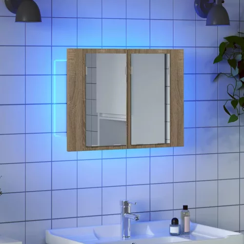 Tölgyszínű akril LED-es tükrös fürdőszobaszekrény 60x12x45 cm