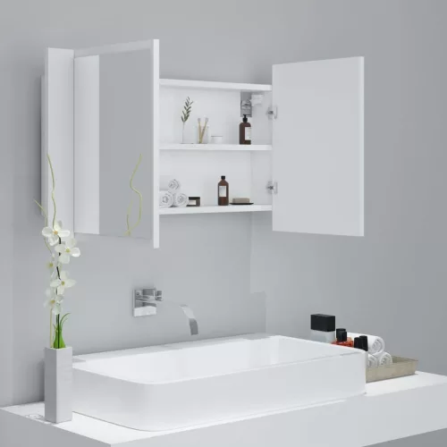 Fehér akril LED-es fürdőszobaszekrény tükörrel 80x12x45 cm