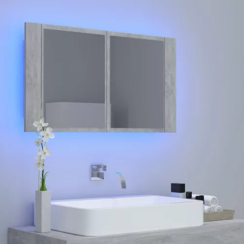 Betonszürke akril LED-es tükrös fürdőszobaszekrény 80x12x45 cm