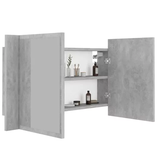 Betonszürke akril LED-es tükrös fürdőszobaszekrény 80x12x45 cm
