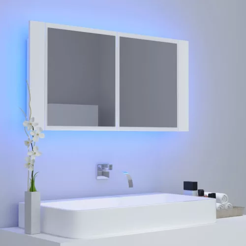 Fehér akril LED-es fürdőszobaszekrény tükörrel 90x12x45 cm