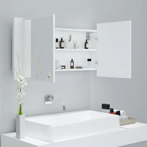 Fehér akril LED-es fürdőszobaszekrény tükörrel 90x12x45 cm