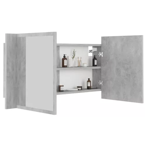 Betonszürke akril LED-es tükrös fürdőszobaszekrény 90x12x45 cm