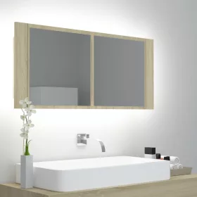   Tölgyszínű akril LED-es tükrös fürdőszobaszekrény 100x12x45 cm