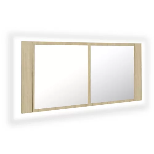 Tölgyszínű akril LED-es tükrös fürdőszobaszekrény 100x12x45 cm