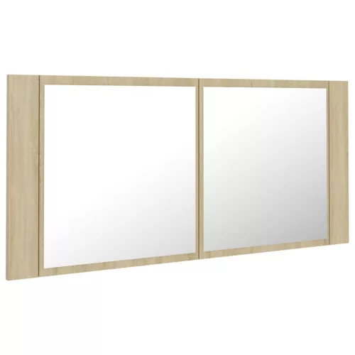 Tölgyszínű akril LED-es tükrös fürdőszobaszekrény 100x12x45 cm