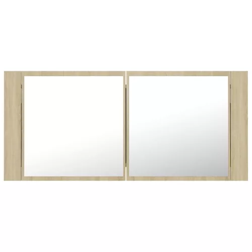 Tölgyszínű akril LED-es tükrös fürdőszobaszekrény 100x12x45 cm