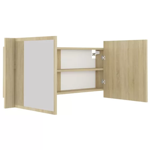 Tölgyszínű akril LED-es tükrös fürdőszobaszekrény 100x12x45 cm