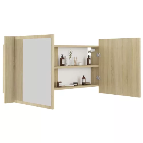 Tölgyszínű akril LED-es tükrös fürdőszobaszekrény 100x12x45 cm
