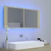 Tölgyszínű akril LED-es tükrös fürdőszobaszekrény 100x12x45 cm