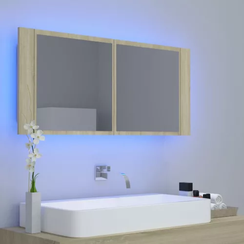 Tölgyszínű akril LED-es tükrös fürdőszobaszekrény 100x12x45 cm