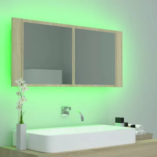 Tölgyszínű akril LED-es tükrös fürdőszobaszekrény 100x12x45 cm