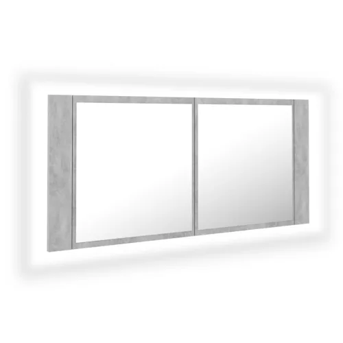 Betonszürke akril LED-es tükrös fürdőszobaszekrény 100x12x45 cm