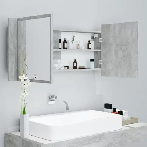 Betonszürke akril LED-es tükrös fürdőszobaszekrény 100x12x45 cm
