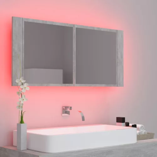 Betonszürke akril LED-es tükrös fürdőszobaszekrény 100x12x45 cm