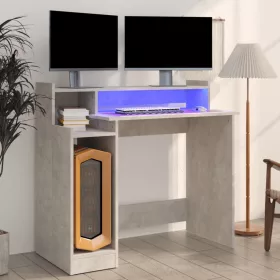   Betonszürke szerelt fa íróasztal LED-ekkel 97 x 45 x 90 cm