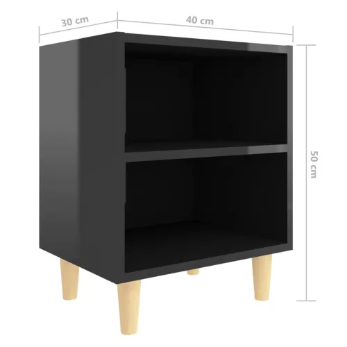 Magasfényű fekete éjjeliszekrény tömör fa lábakkal 40x30x50cm