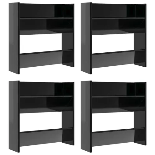 4 db magasfényű fekete szerelt fa fali cipősszekrény 60x18x60cm