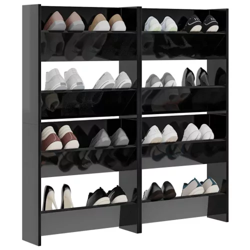 4 db magasfényű fekete szerelt fa fali cipősszekrény 60x18x60cm