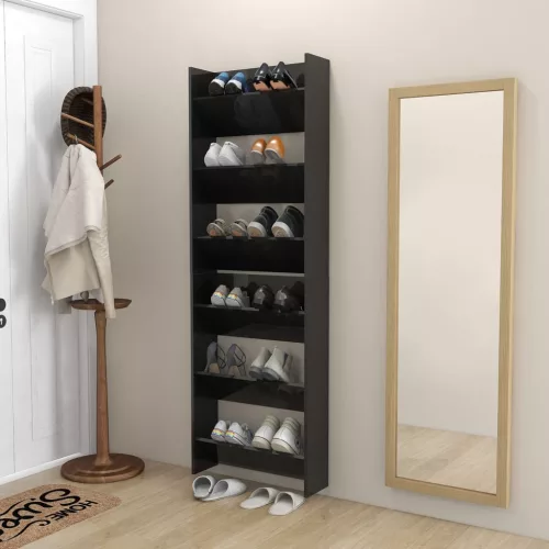 2 db magasfényű fekete szerelt fa fali cipősszekrény 60x18x90cm