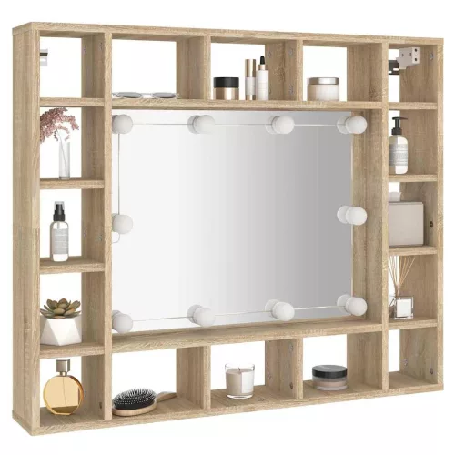 Sonoma tölgyszínű tükrös szekrény LED-ekkel 91 x 15 x 76,5 cm