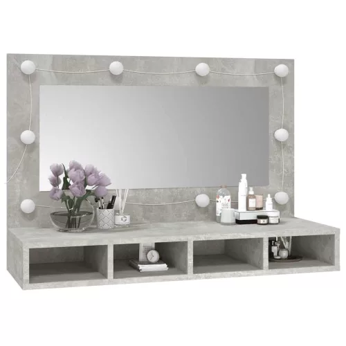 Betonszürke tükrös szekrény LED-ekkel 90 x 31,5 x 62 cm