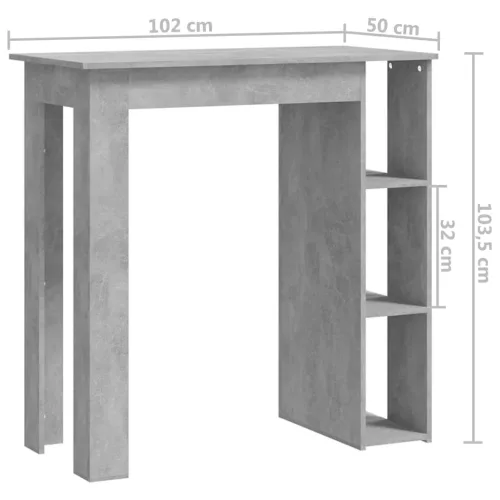 Betonszürke szerelt fa bárasztal polccal 102 x 50 x 103,5 cm