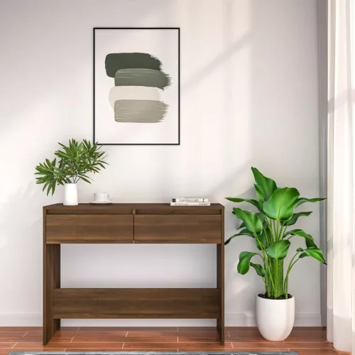 Barna tölgyszínű szerelt fa dohányzóasztal 100x35x76,5 cm