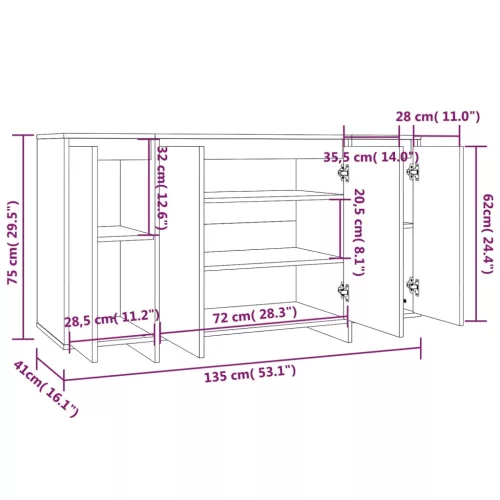 Füstös tölgy színű szerelt fa tálalószekrény 135x41x75 m