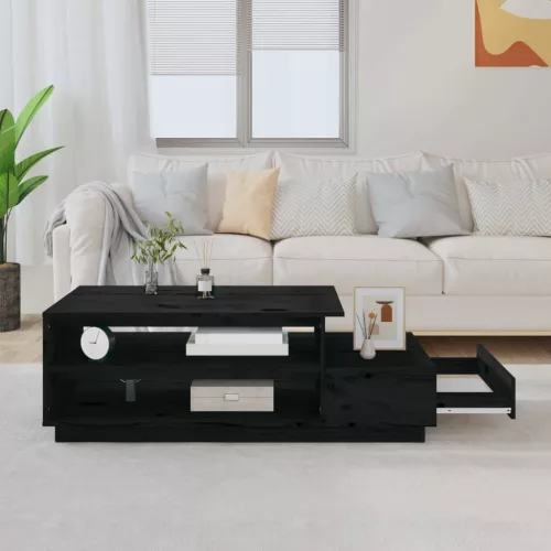 Fekete tömör fenyőfa dohányzóasztal 120 x 50 x 40,5 cm