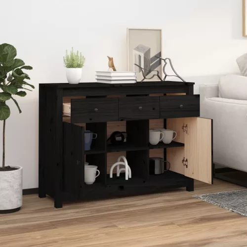 Fekete tömör fenyőfa tálalószekrény 100x35x74,5 cm