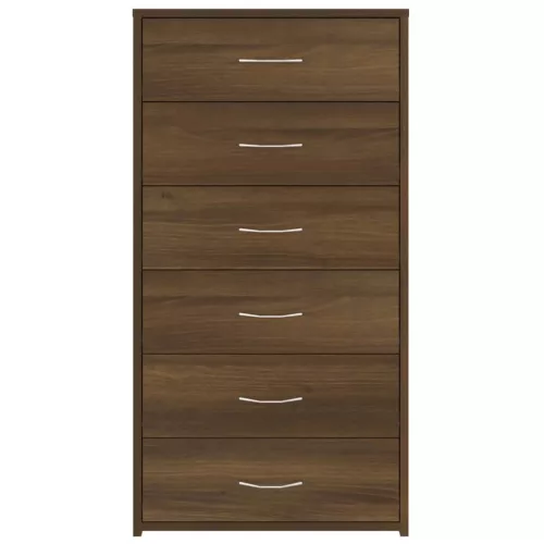 Barna tölgy színű szerelt fa komód 6 fiókkal 50 x 34 x 96 cm