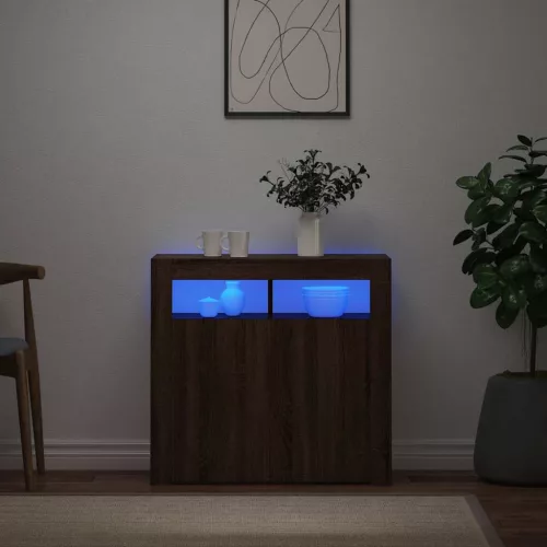 Barna tölgyszínű tálalószekrény LED-ekkel 80 x 35 x 75 cm