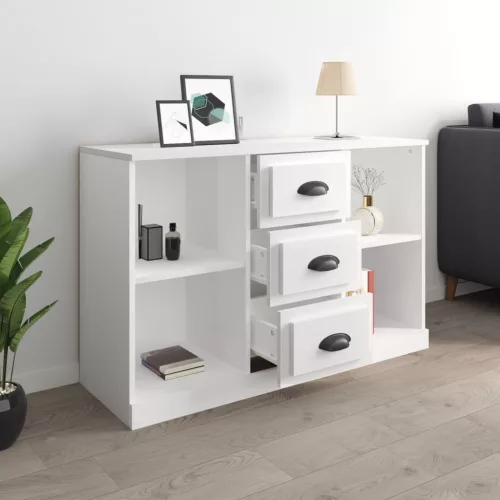 Magasfényű fehér szerelt fa tálalószekrény 104,5x35,5x67,5 cm