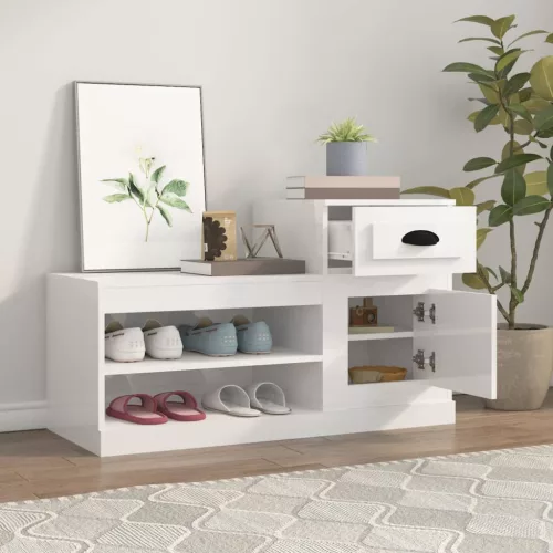 Magasfényű fehér szerelt fa cipőszekrény 100x42x60 cm