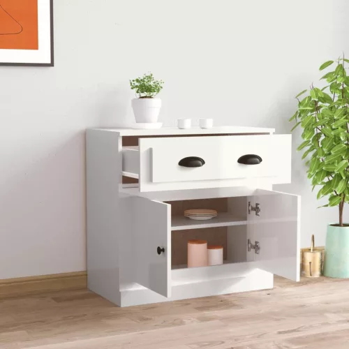 Magasfényű fehér szerelt fa tálalószekrény 70x35,5x67,5 cm