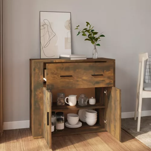 Füstös tölgy színű szerelt fa tálalószekrény 80x33x70 cm