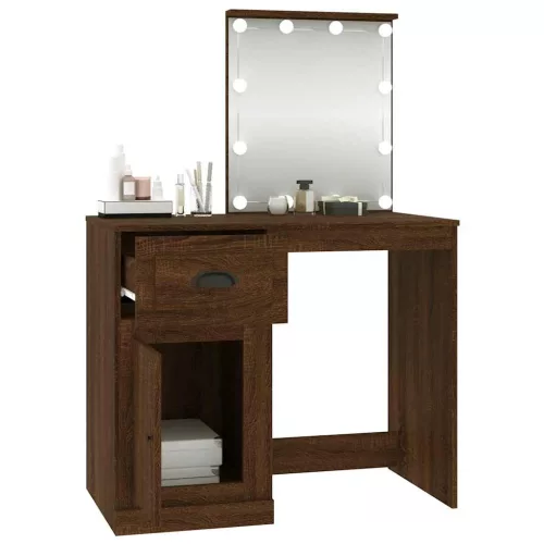 Barna tölgyszínű szerelt fa pipereasztal LED-del 90x50x132,5 cm