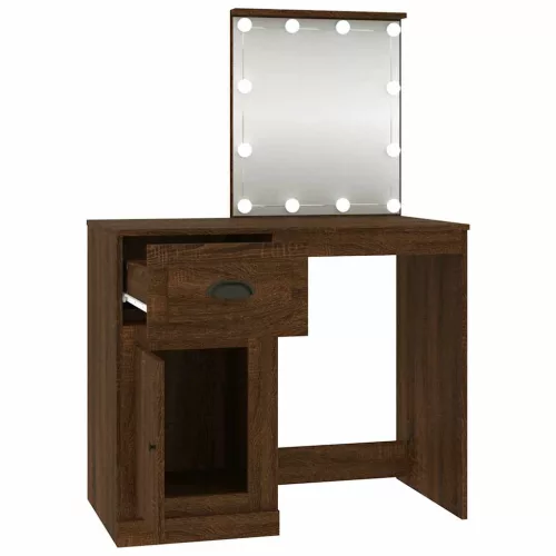 Barna tölgyszínű szerelt fa pipereasztal LED-del 90x50x132,5 cm