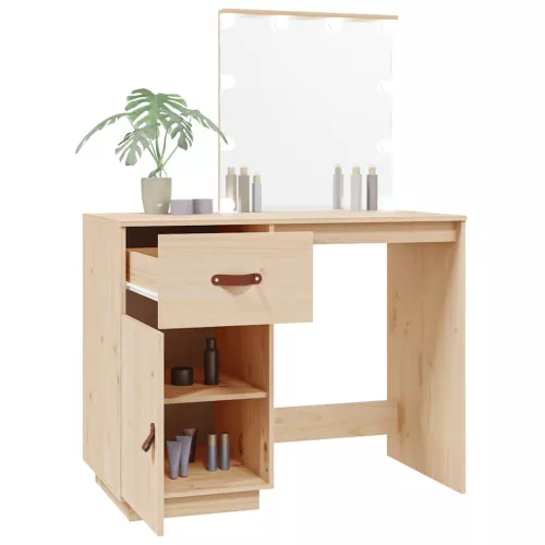 Tömör fenyőfa fésülködőasztal LED-del 95 x 50 x 133,5 cm