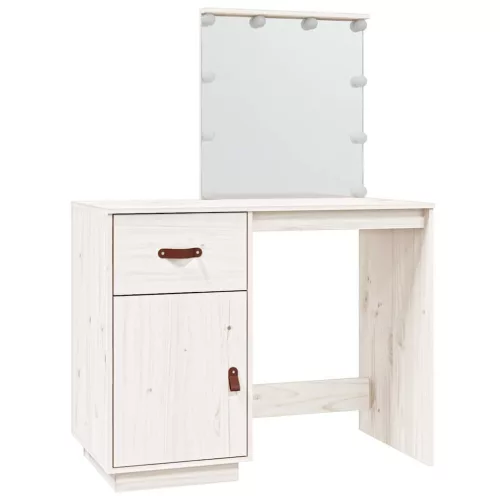 Fehér tömör fenyőfa fésülködőasztal LED-del 95 x 50 x 133,5 cm